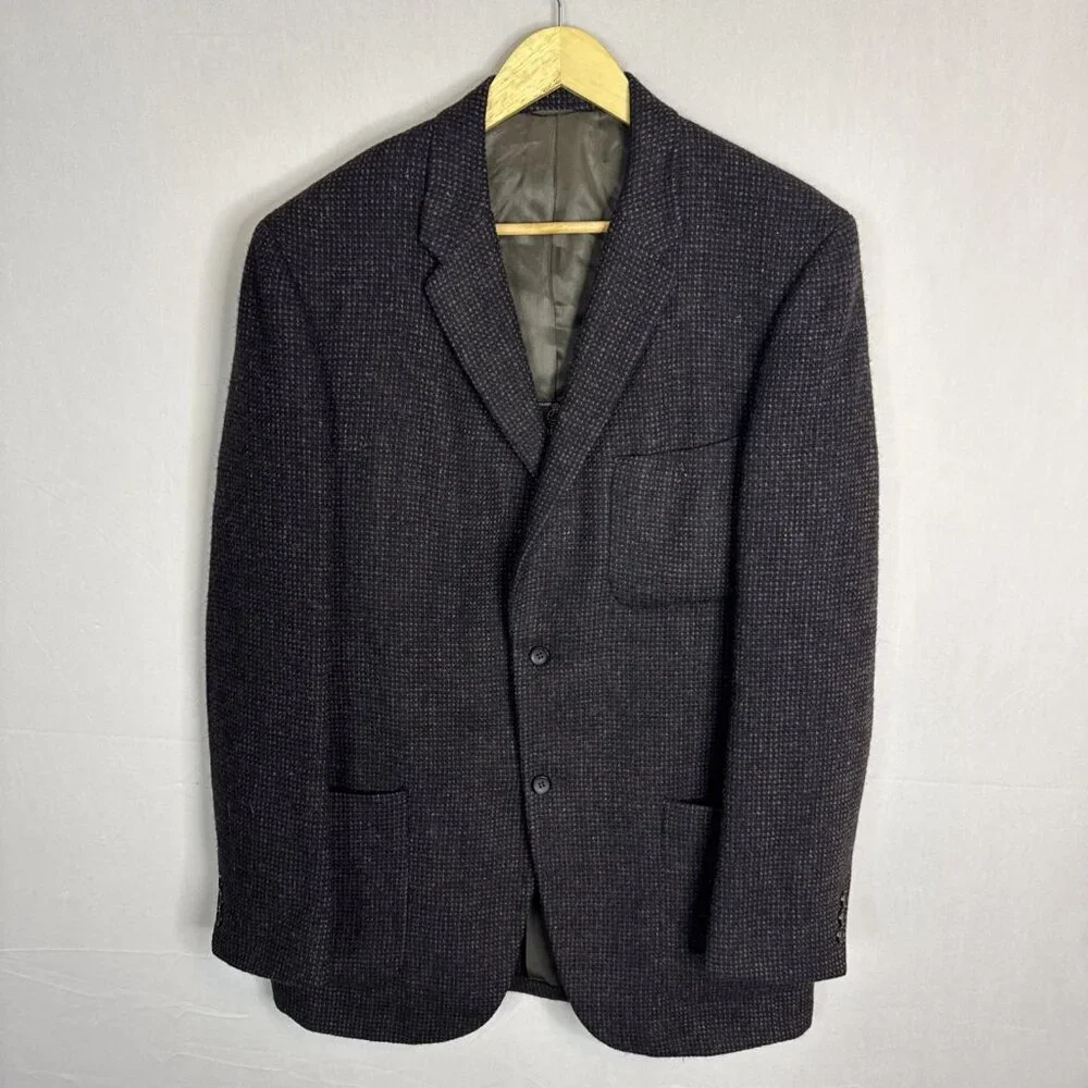 Harris Tweed Men 44 Reg Handwoven Sport Coat Brown Houndstooth 2 Button Wool 60s